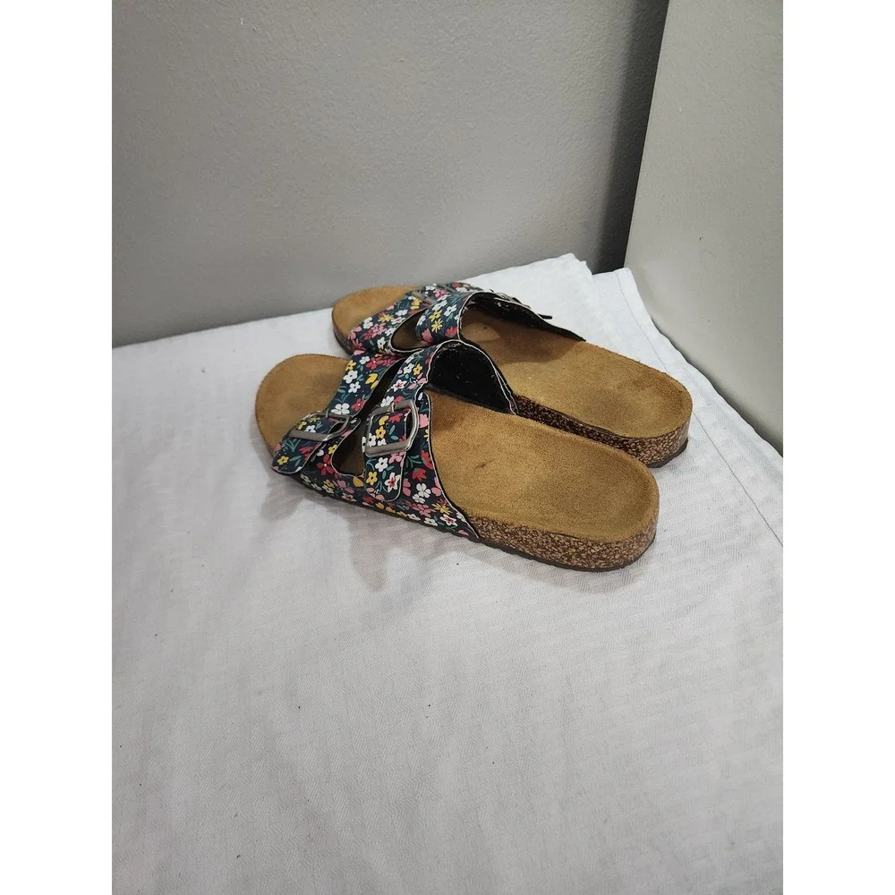 Floral Print Double Buckle Slide Sandals Navy Multi Color Cork Footbed Sz 9/10